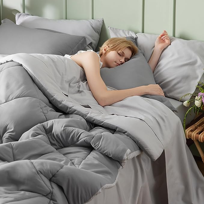 Bedsure California King Comforter Set - 7 Pieces Reversible Bed in a Bag California King with Comforters, Sheets, Pillowcases & Shams, Grey Bedding Sets - LeafyLoom