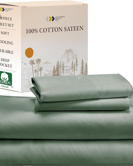 California Design Den Soft 100% Cotton King Size Sheet Set Bed Sheets with Deep Pocket, 4 Piece King Sheet Set with Sateen Weave, Cooling Sheets - Sage Green - LeafyLoom