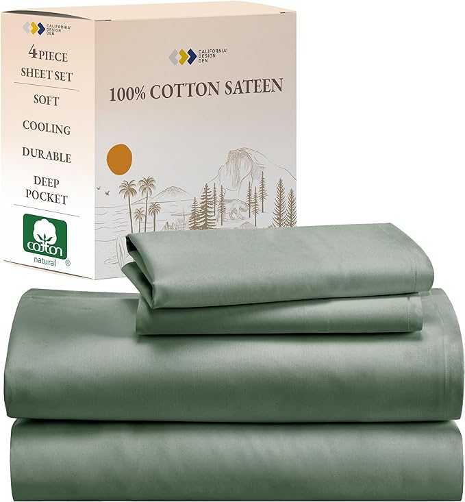 California Design Den Soft 100% Cotton King Size Sheet Set Bed Sheets with Deep Pocket, 4 Piece King Sheet Set with Sateen Weave, Cooling Sheets - Sage Green - LeafyLoom