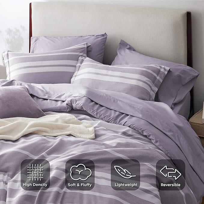 Bedsure Bed in a Bag Twin Size 5 Pieces, Purple White Striped Bedding Comforter Sets All Season Bed Set with 1 Pillow Sham, Flat Sheet, Fitted Sheet and 1 Pillowcase - LeafyLoom