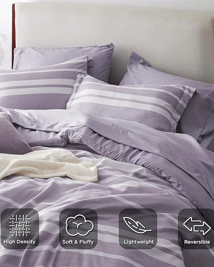Bedsure Bed in a Bag California King Size 7 Pieces, Purple White Striped Bedding Comforter Sets All Season Bed Set, 2 Pillow Shams, Flat Sheet, Fitted Sheet and 2 Pillowcases - LeafyLoom