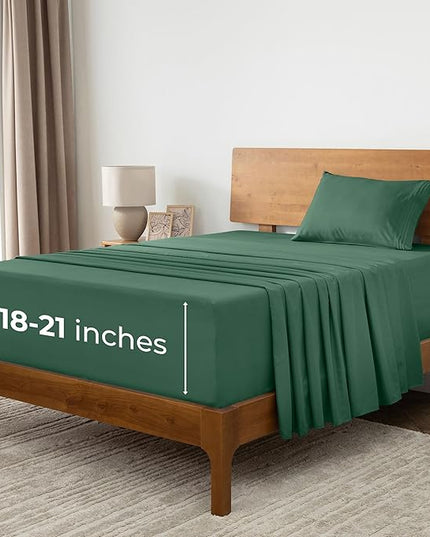 Mellanni Extra Deep Twin Sheets - 3 PC Iconic Collection Bedding Sheets & Pillowcases - Hotel Luxury, Ultra Soft, Cooling Bed Sheets - Extra Deep Pocket up to 21 inch (Twin, Emerald Green) - LeafyLoom