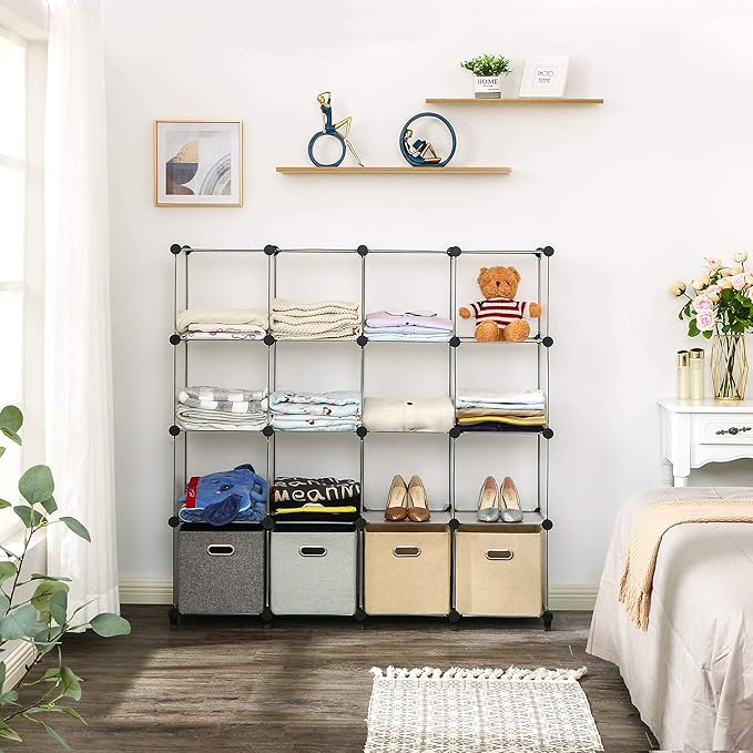 ANWBROAD Cube Storage Organizer 16 Cubes DIY Closet Cabinet Bookshelf Kids Organizers and Storage for Bedroom Closet Organizer Cubby Shelving Plastic Bookcase Office Living Room White ULCS016T - LeafyLoom