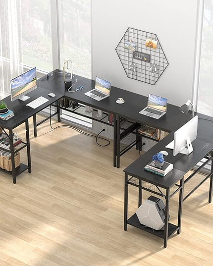 Unikito L Shaped Desk with USB Charging Port and Power Outlet, Reversible Corner Computer Desk with Storage Shelves, Industrial 2 Person Long Gaming Table Modern Home Office Desk, Black - LeafyLoom