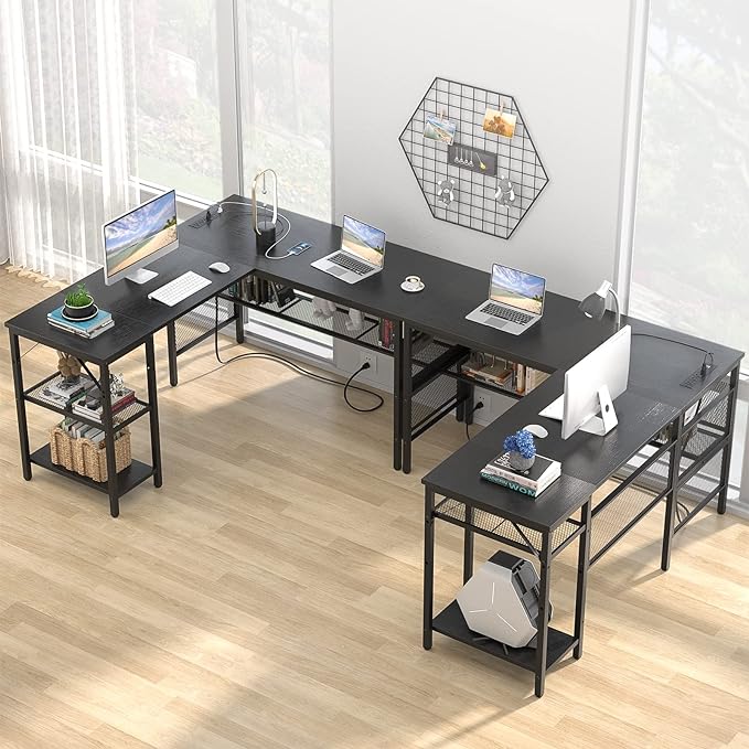 Unikito L Shaped Desk with USB Charging Port and Power Outlet, Reversible Corner Computer Desk with Storage Shelves, Industrial 2 Person Long Gaming Table Modern Home Office Desk, Black - LeafyLoom