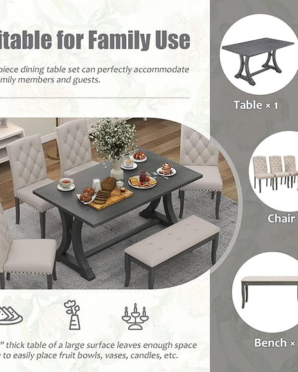 6-Piece Dinette Sets, Rectangular Trestle Dining Table, 4 Upholstered Chairs & Bench, for Diningroom Living Room, Easy to Assemble, Antique Gray - LeafyLoom
