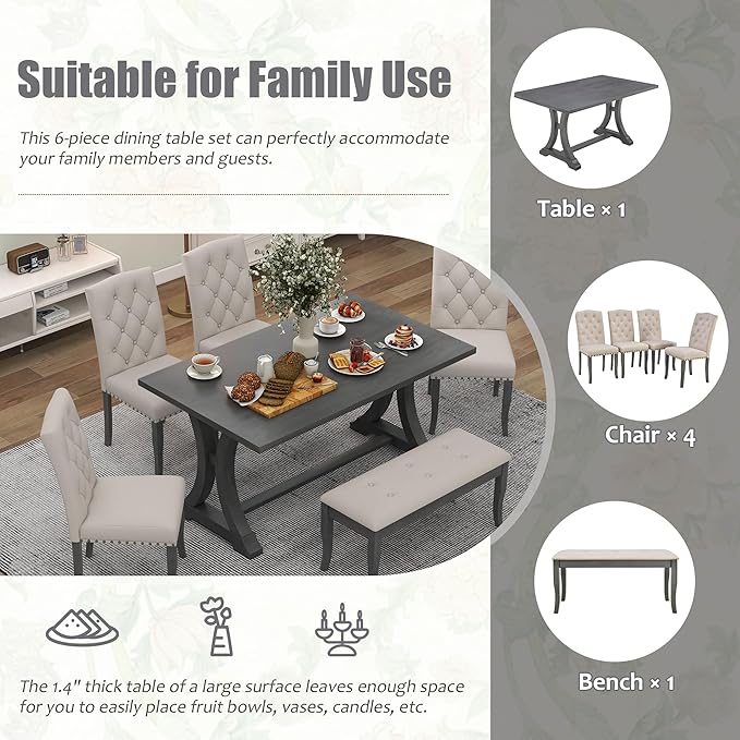 6-Piece Dinette Sets, Rectangular Trestle Dining Table, 4 Upholstered Chairs & Bench, for Diningroom Living Room, Easy to Assemble, Antique Gray - LeafyLoom