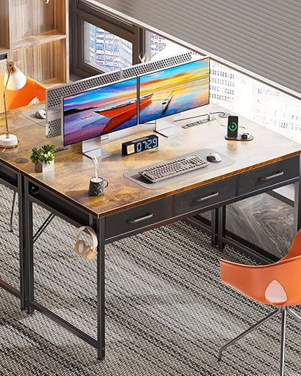 AODK 48 Inch Computer Desk with 3 Fabric Drawers, Office Desk with USB/Type-C Charging Ports & Power Outlets, Vanity Desk with Iron Hook for Bedroom, Study/Writing/Work Table for Bedroom,Vintage - LeafyLoom