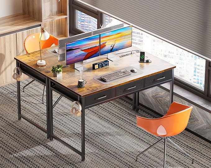 AODK 48 Inch Computer Desk with 3 Fabric Drawers, Office Desk with USB/Type-C Charging Ports & Power Outlets, Vanity Desk with Iron Hook for Bedroom, Study/Writing/Work Table for Bedroom,Vintage - LeafyLoom