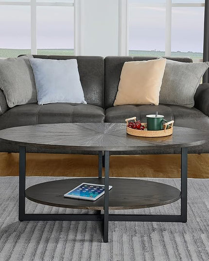 Solid Wood Oval Coffee Table with Cross Metal Legs, 43.3in Modern Industrail Center Table with Open Shelf Cocktail Tea Table for Living Room Bedroom, Rustic Black 1811BK - LeafyLoom