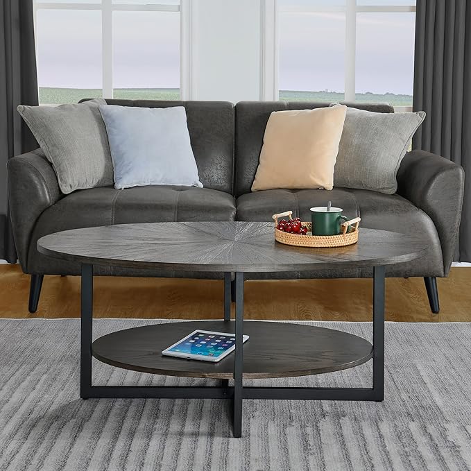 Solid Wood Oval Coffee Table with Cross Metal Legs, 43.3in Modern Industrail Center Table with Open Shelf Cocktail Tea Table for Living Room Bedroom, Rustic Black 1811BK - LeafyLoom