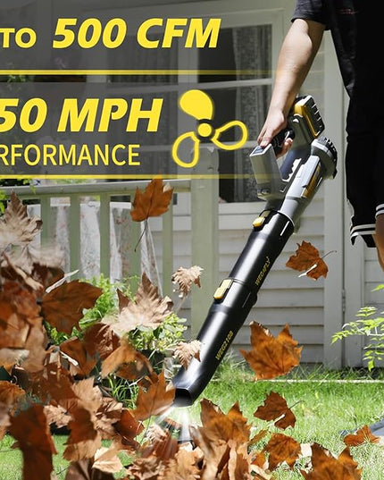 500 CFM Cordless Leaf Blower, 2 x 21V 4.0Ah Battery and Charger, Electric Leaf Blowers for Patio Cleaning, Lawn Care, Blowing Leaves and Snow - LeafyLoom