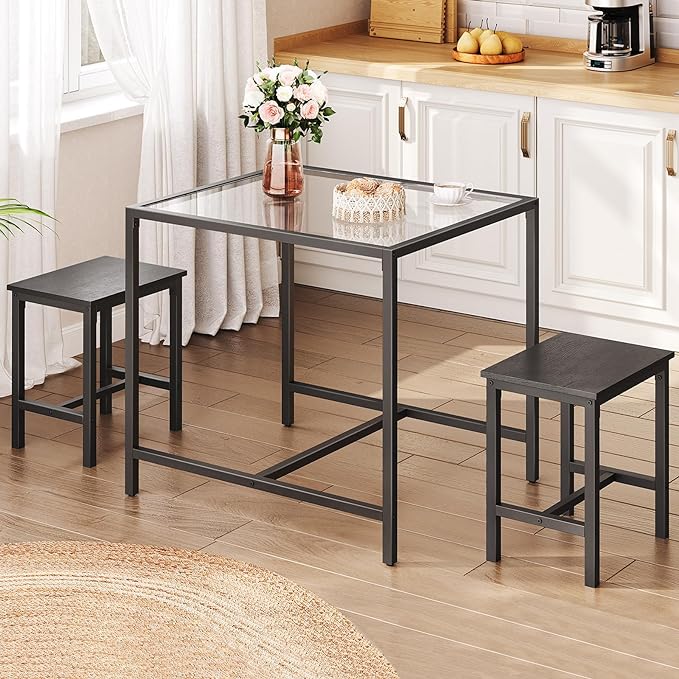 HOOBRO Mordern Dining Table Set, Glass Dining Room Table Set for Small Spaces, Kitchen Table and Chairs for 3 Table with Chairs Home Furniture Rectangular, Black BK80CZ01 - LeafyLoom