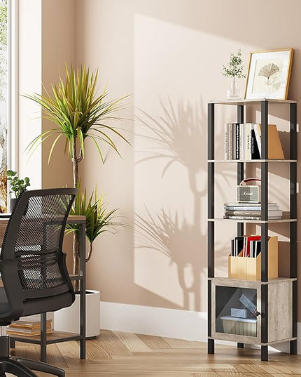 TUTOTAK 5 Tier Bookcase and Bookshelf, Narrow Book shelf with Door for Small Space, for Living Room, Office, Study, Entryway, Greige BS03BG005 - LeafyLoom