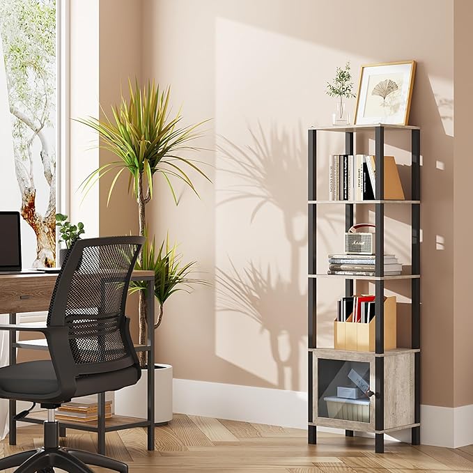 TUTOTAK 5 Tier Bookcase and Bookshelf, Narrow Book shelf with Door for Small Space, for Living Room, Office, Study, Entryway, Greige BS03BG005 - LeafyLoom