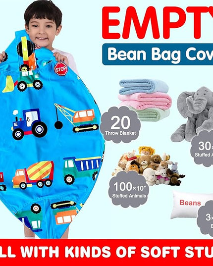 Lukeight Stuffed Animal Storage Bean Bag Chair Cover for Kids, Zipper Beanbag Chair Cover for Organizing Toddler & Kids' Rooms Plush Toys (Construction Velvet, XX-Large) - LeafyLoom