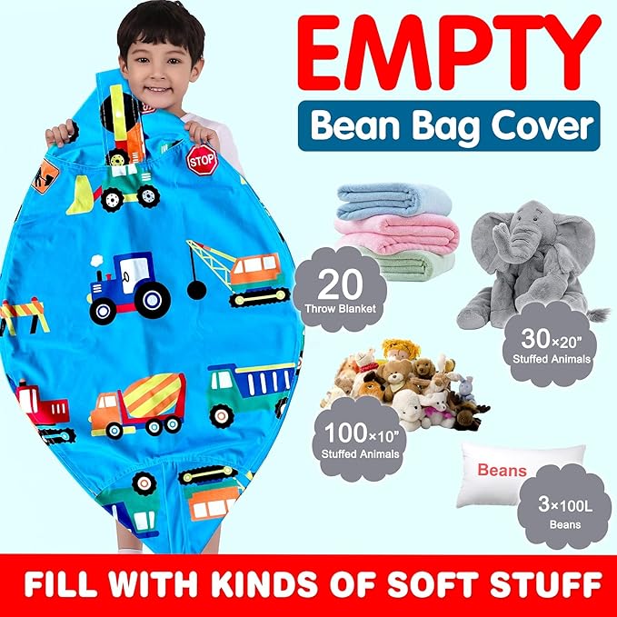 Lukeight Stuffed Animal Storage Bean Bag Chair Cover for Kids, Zipper Beanbag Chair Cover for Organizing Toddler & Kids' Rooms Plush Toys (Construction Velvet, XX-Large) - LeafyLoom