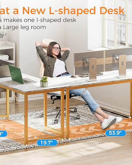 ODK Computer Desk Large Office Desk, 55 Inch Gaming Desk with Storage, Modern PC Desk Work Table with Headphone Hook for Home Office, White Marble + Gold Leg - LeafyLoom
