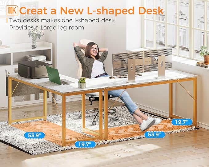 ODK Computer Desk Large Office Desk, 55 Inch Gaming Desk with Storage, Modern PC Desk Work Table with Headphone Hook for Home Office, White Marble + Gold Leg - LeafyLoom