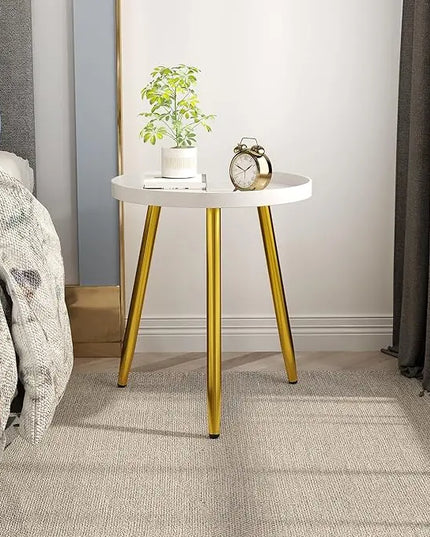 Round Side Table Wooden Tray Table with Metal Tripod Stand Nightstand Coffee Table End Table for Living Room Bedroom Office Small Spaces, 18" H x 15”D (White & Gold) - LeafyLoom