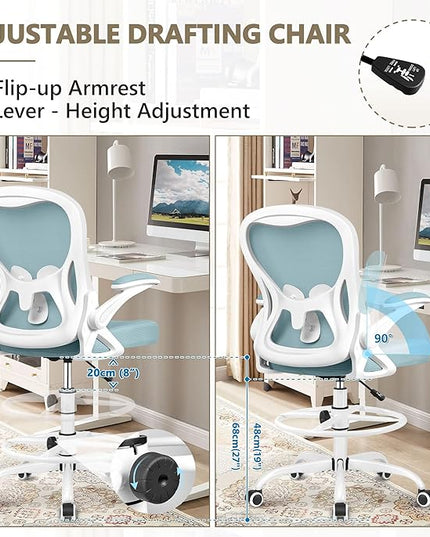 Drafting Chair, Tall Office Chair Ergonomic Standing Desk chair, Lumbar Support Computer Chair Swivel Task Rolling Chair with Adjustable Flip-up Armrests & Foot Ring (Light Blue) - LeafyLoom