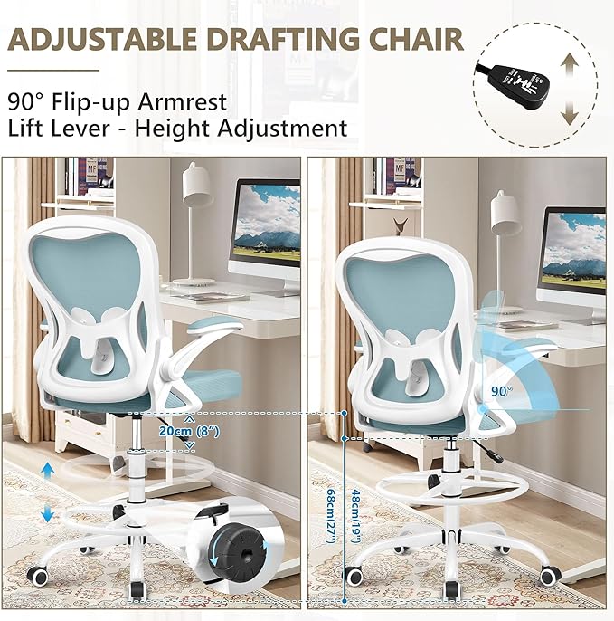 Drafting Chair, Tall Office Chair Ergonomic Standing Desk chair, Lumbar Support Computer Chair Swivel Task Rolling Chair with Adjustable Flip-up Armrests & Foot Ring (Light Blue) - LeafyLoom