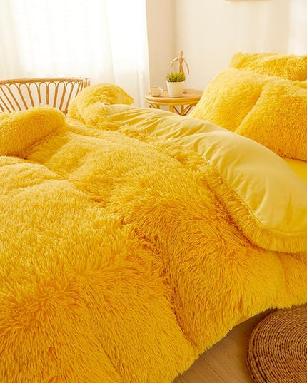 FOPPA Yellow Plush Fluffy Comforter Cover Set Queen - Ultra Soft Faux Fur Yellow Bedding Sets 3 Pieces (1 Shaggy Duvet Cover + 2 Pillow case) Fuzzy Bed Set (Yellow, Queen) - LeafyLoom