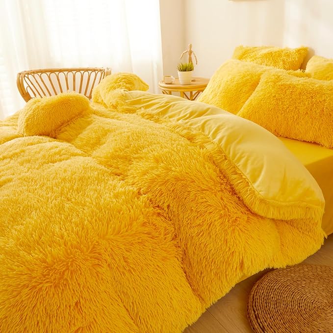 FOPPA Yellow Plush Fluffy Comforter Cover Set Queen - Ultra Soft Faux Fur Yellow Bedding Sets 3 Pieces (1 Shaggy Duvet Cover + 2 Pillow case) Fuzzy Bed Set (Yellow, Queen) - LeafyLoom