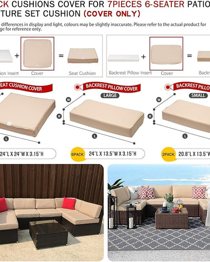 ClawsCover 14Pack Outdoor Patio Seat and Back Cushions Replacement Covers Fit for 7Pieces 6-Seater Wicker Rattan Sectional Couch Chair Furniture Set,Light Khaki-Include Cover Only (Small) - LeafyLoom