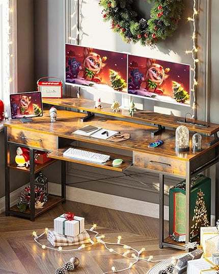 ODK Computer Desk with Drawers & Power Outlet, 63 Inch Office Desk with Keyboard Tray & Storage Shelves & PC Stand, Large Office Table Work Desk with Monitor Stand, Rustic Brown - LeafyLoom