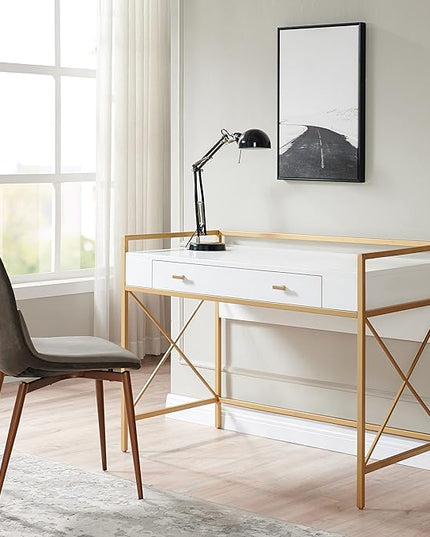Leick Home Claudette Mixed Metal and Wood Flat Wall Computer Office Writing Desk with Drop Front Keyboard Drawer, White/Satin Gold, 32.13" W - LeafyLoom