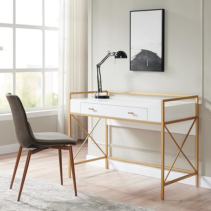Leick Home Claudette Mixed Metal and Wood Flat Wall Computer Office Writing Desk with Drop Front Keyboard Drawer, White/Satin Gold, 32.13" W - LeafyLoom