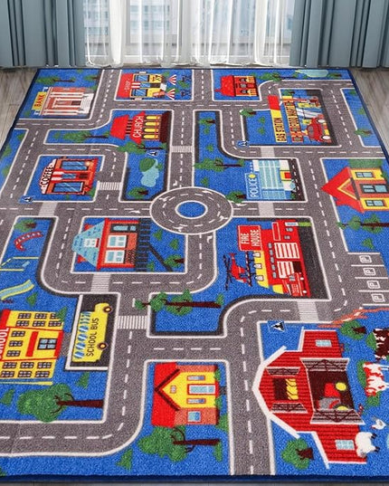 Kids Carpet Playmat Rug 78.7"x59", Car Rug for Kids Cars, Non-Slip Town City Road Map Kids Rug for Playroom Bedroom Boys, Kids Car Mat Road Rug, Track Rug Car Play Rug for Kids (78.7X59Inch,Blue) - LeafyLoom