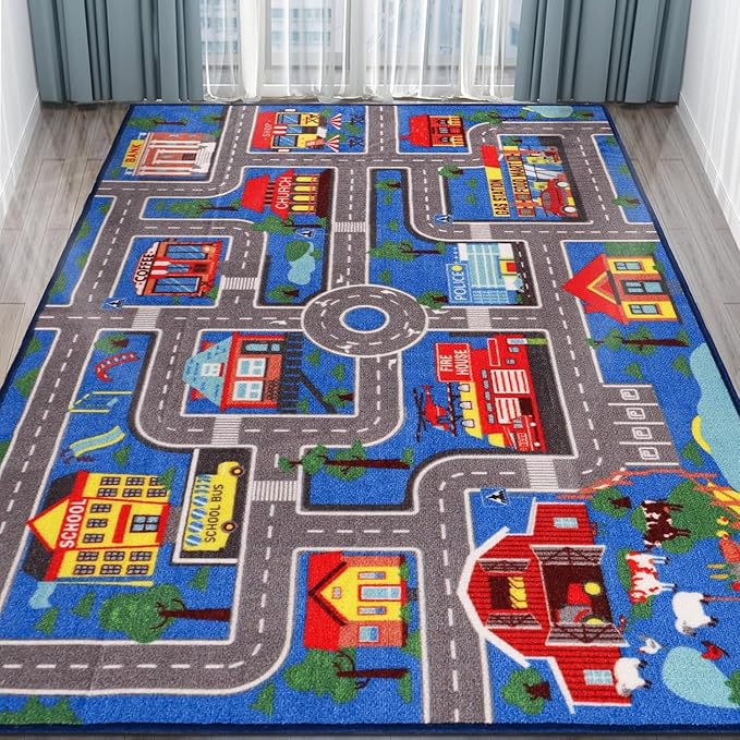 Kids Carpet Playmat Rug 78.7"x59", Car Rug for Kids Cars, Non-Slip Town City Road Map Kids Rug for Playroom Bedroom Boys, Kids Car Mat Road Rug, Track Rug Car Play Rug for Kids (78.7X59Inch,Blue) - LeafyLoom