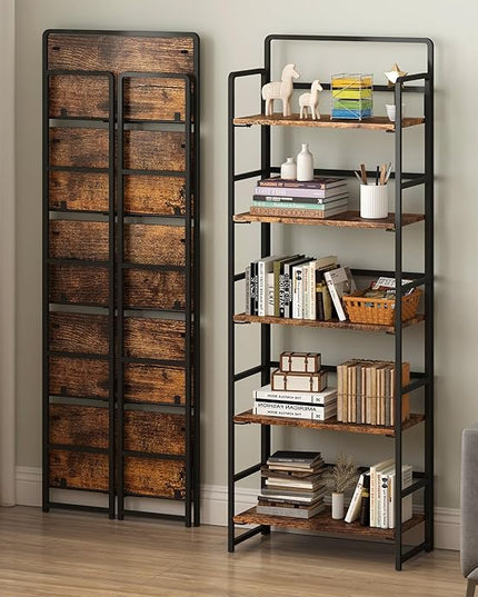 4NM No-Assembly 5 Tiers Folding Bookshelf Storage Shelves Vintage Bookcase Standing Racks Study Organizer Home Office (Rustic Brown, 5 Tiers) - LeafyLoom