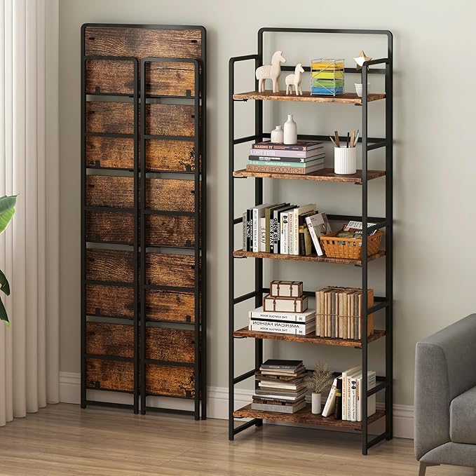 4NM No-Assembly 5 Tiers Folding Bookshelf Storage Shelves Vintage Bookcase Standing Racks Study Organizer Home Office (Rustic Brown, 5 Tiers) - LeafyLoom