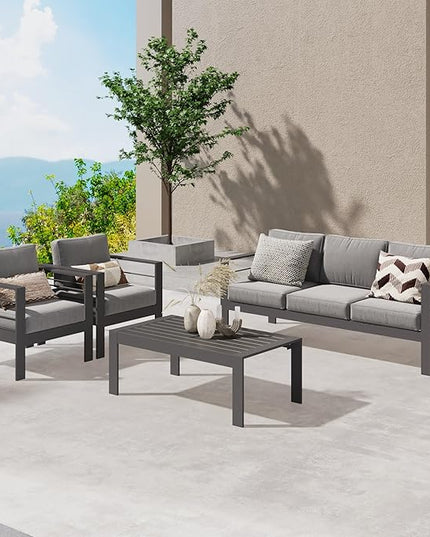 Wisteria Lane Aluminum Outdoor Patio Furniture Set, Modern Patio Conversation Sets, Outdoor Sectional Metal Sofa with 5 Inch Cushion and Coffee Table for Balcony, Garden, Dark Grey - LeafyLoom