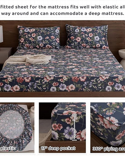QSH Floral Queen Size Sheet Sets - 100% Egyptian Cotton Sheets Elegant Navy Flower Pattern Printed Bedding Sheets Queen Size Bed Extra Soft and Breathable 4pcs Deep Pockets Bed Sheets - LeafyLoom