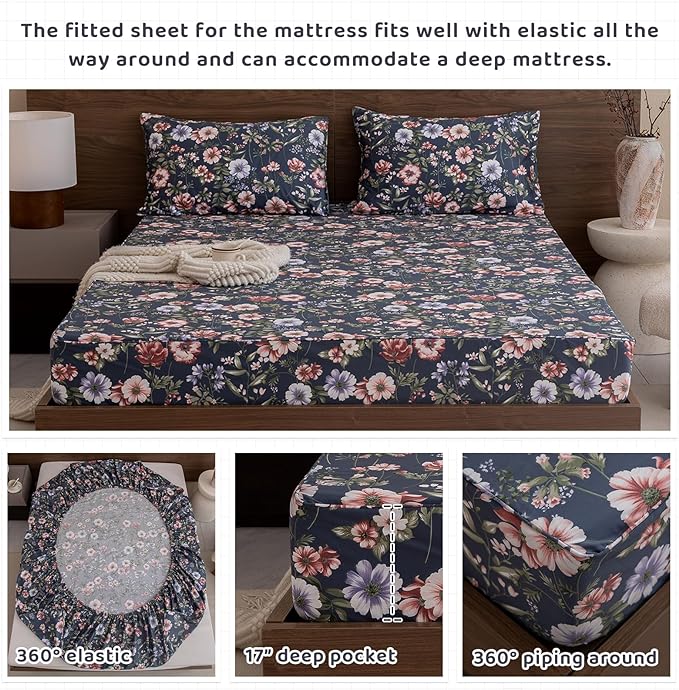 QSH Floral Queen Size Sheet Sets - 100% Egyptian Cotton Sheets Elegant Navy Flower Pattern Printed Bedding Sheets Queen Size Bed Extra Soft and Breathable 4pcs Deep Pockets Bed Sheets - LeafyLoom