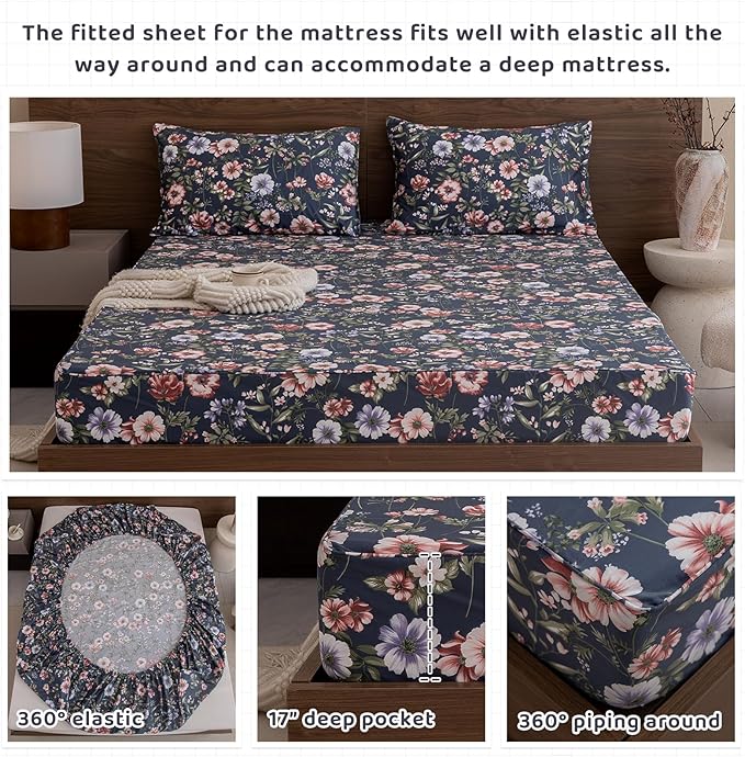 QSH Floral King Size Sheet Sets - 100% Egyptian Cotton Floral Bedding Sheets Navy Flower Pattern Printed Bedding King Size Bed Sheets 17.5" Extra Deep Pocket 4pcs - LeafyLoom
