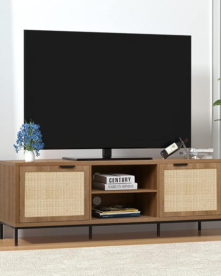 Anmytek Farmhouse Rattan TV Stand for 65 Inch TV Rustic TV Console Table with 2 Rattan Doors Modern Entertainment Center for Living Room Bedroom H0033 - LeafyLoom