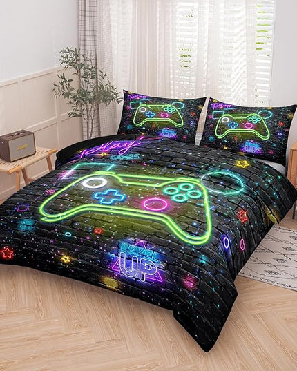 Boys Queen Size Bedding Set, Kids Bedding Sets for Boys, Gaming Comforter Sets for Boys, Teen Boys Gaming Bedding Sets, Gamer Room Decor for Boys Teens Girls (1 Comforter +2 Pillowcases) - LeafyLoom