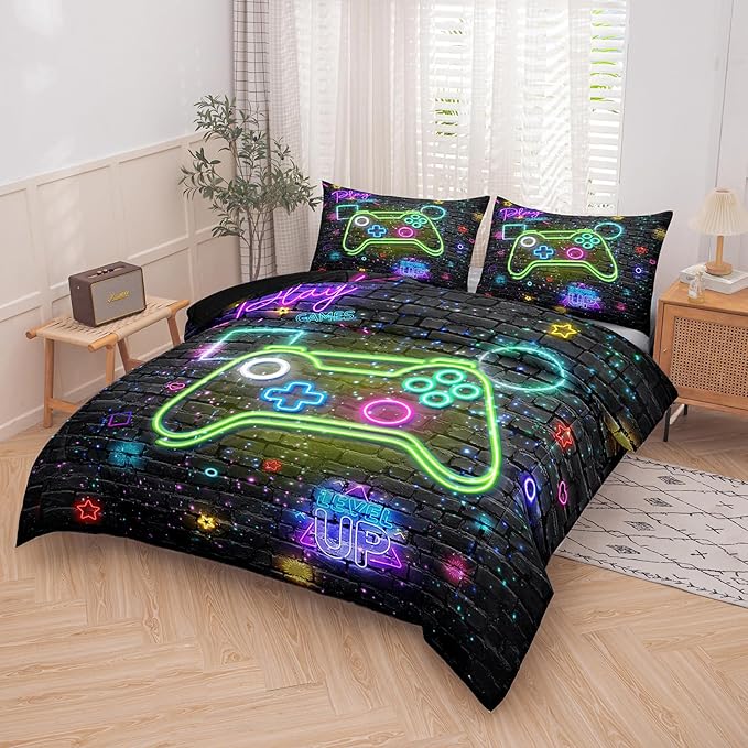 Gamer Comforter Sets for Boys, Twin Boys Bedding Set, 5 Piece Bed in a Bag Twin Boys, Teen Boy Comforter Set, Gamer Bedding Set with Flat Sheet, Fitted Sheet - LeafyLoom