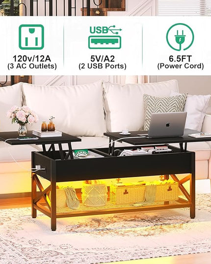Coffee Table, Lift Top Coffee Table with Storage, LED Light & Power Outlet and Hidden Compartment, Retro Center Table for Living Room, X Support Wood Tabletop, Metal Frame,Black - LeafyLoom