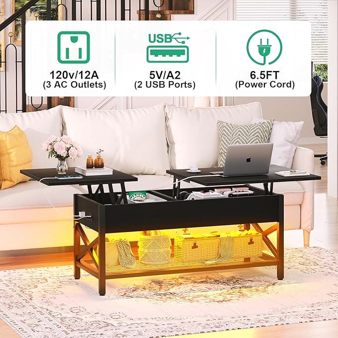Coffee Table, Lift Top Coffee Table with Storage, LED Light & Power Outlet and Hidden Compartment, Retro Center Table for Living Room, X Support Wood Tabletop, Metal Frame,Black - LeafyLoom