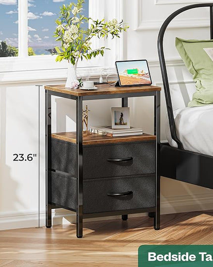Nightstands Set of 2, End Tables with Charging Station, Side Tables with Fabric Drawers, Bedside Tables with USB Ports and Outlets, Night Stands for Bedroom, Rustic Brown and Black - LeafyLoom