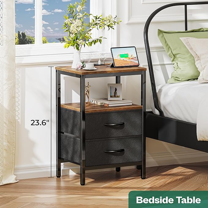 Nightstand with Charging Station, Side Table with Fabric Drawers, End Table with Open Shelf, Bedside Table with USB Ports and Outlets, Night Stand for Bedroom, Rustic Brown and Black - LeafyLoom