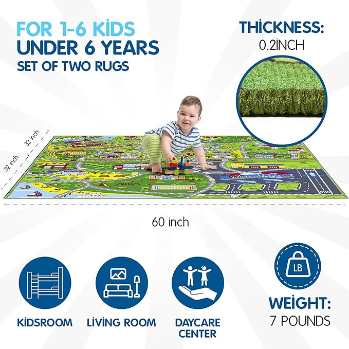 Booooom Jackson Pack 2 Train Car Rugs for Toy Cars,Car Mat,Road Rug,Kids Car Carpet Playmat Rug,Kids Car Rug Play Mat,Fun Car Play Area Rug,Non Slip Kids Car Play Rug for Playroom Bedroom - LeafyLoom