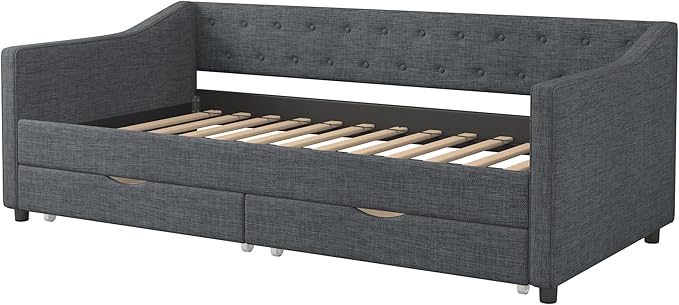 Twin Size Daybed with Drawers, Linen Upholstered Tufted Sofa Bedframe with Button on Back, Waved Shape Arms, Wooden Slats Support, for Apartment,Bedroom, Dark Grey - LeafyLoom