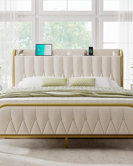 Feonase Queen Bed Frame with Type-C & USB Port, Metal Platform Beds, with Velvet Upholstered Headboard & Footboard, 12" Underbed Storage Space, Easy Assembly, Noise-Free, Gold&Beige - LeafyLoom